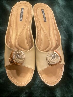 Good Chic Tan Slide Mules with Rosette Accent